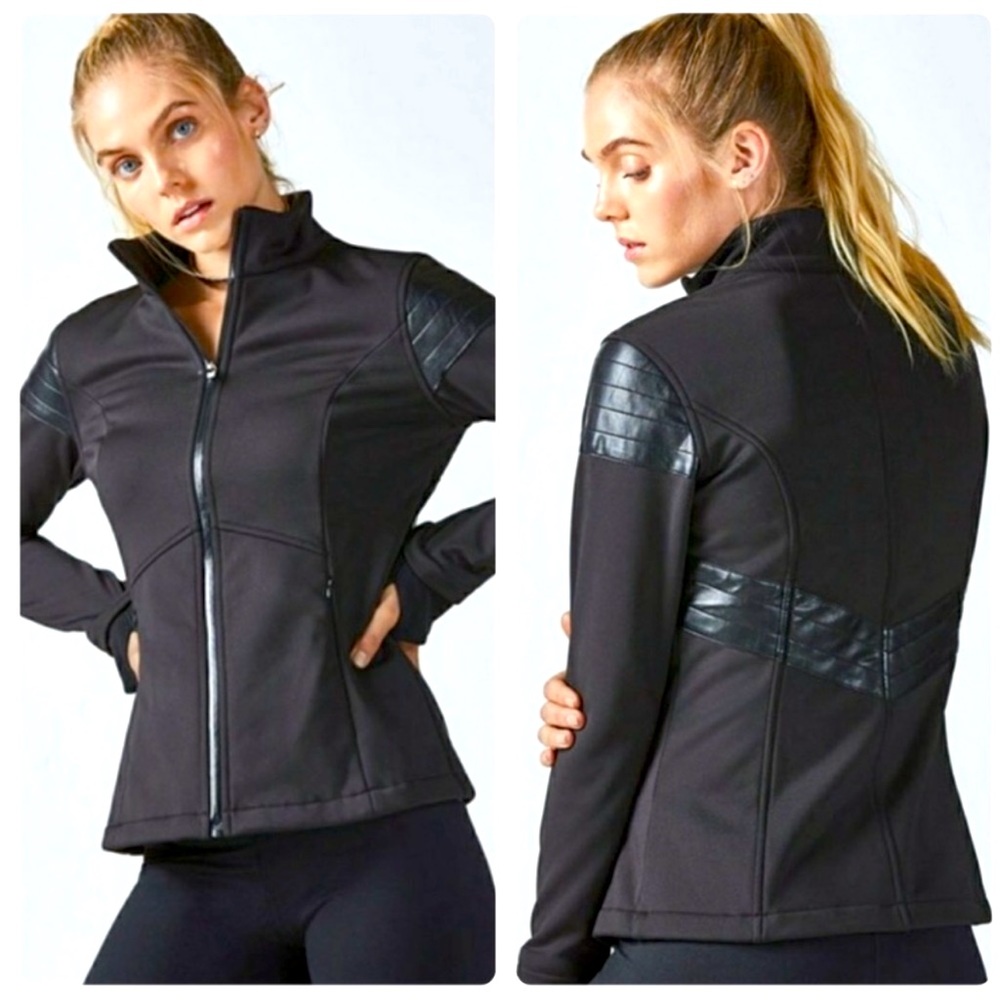 Fabletics Black Bray Faux Leather Moto Running Jacket - XL